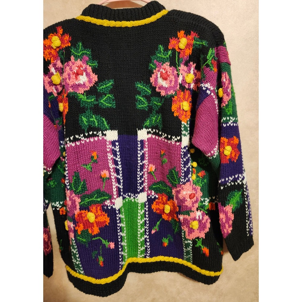 Jennifer Reed Vintage Hand Knit Floral Cardigan Pom Pom Shoulder Pads Medium - Picture 9 of 11